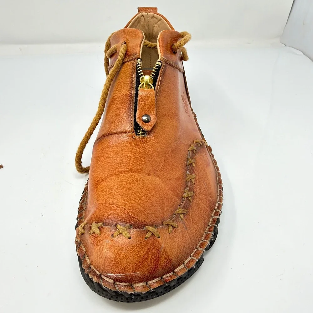 Vintage Brown Leather Front Zip Moccasin Ankle Boots Rope Accent Hand Stitched